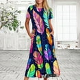 thumbnail image 2 of Penkiiy Robe d'Été Décontractée à Manches Courtes Col Rond Imprimé Plume Robe de Plage Maxi à Volants avec Poches m Marine, 2 of 6