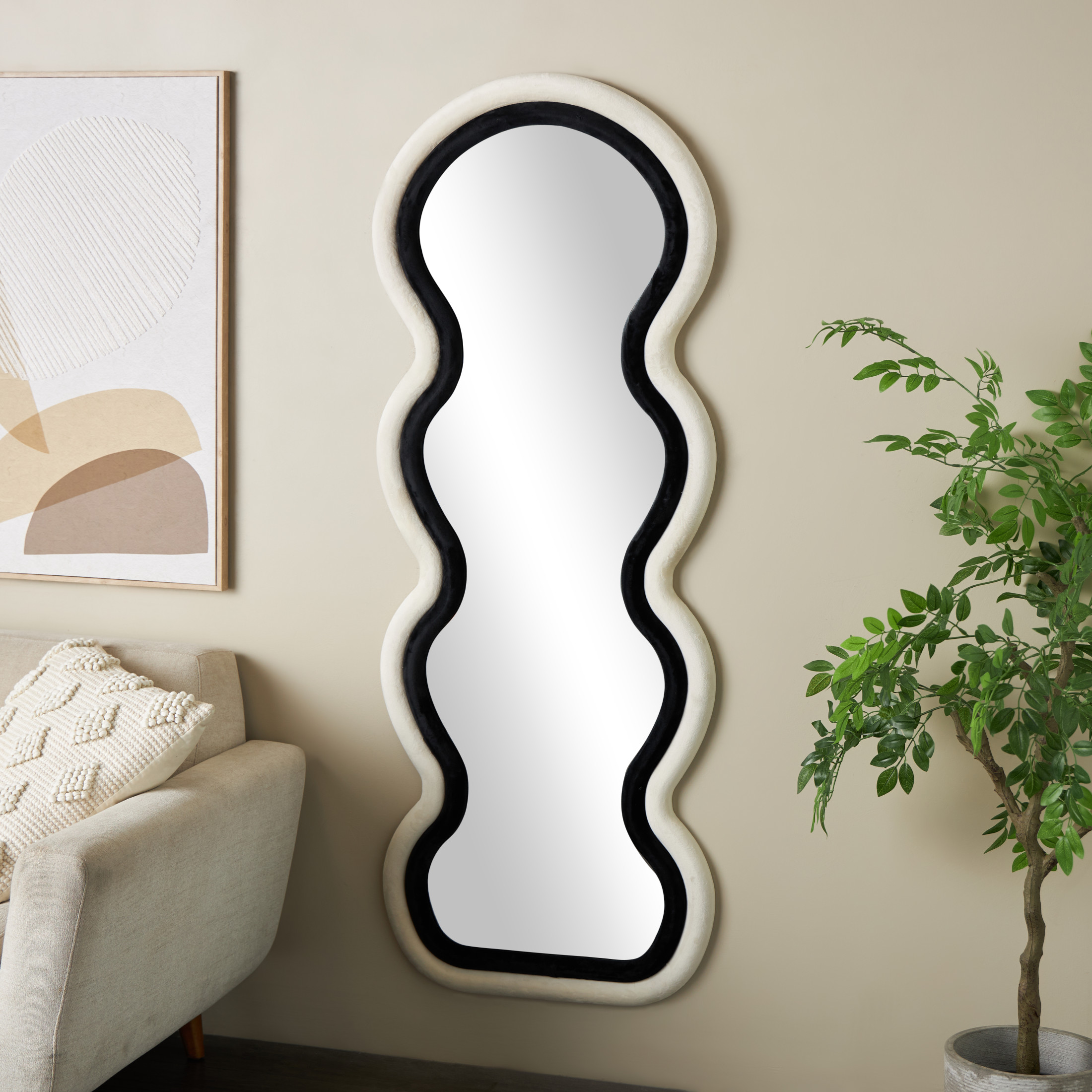 DecMode 24" x 63" Black Abstract Wavy Wall Mirror with Layered Frame