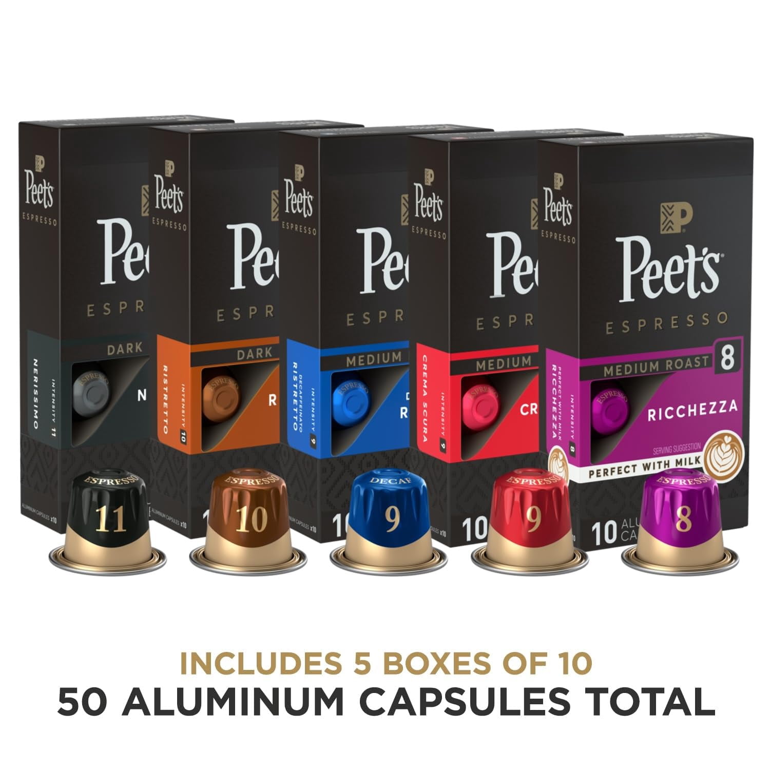 Peet's Coffee, Dark and Medium Roast Espresso Capsules Variety Pack with Decaf, Compatible with Nespresso Original Machine, Arabica Coffee - Intensity 8-11, 50 Count (5 Boxes of 10 Espresso Capsules)