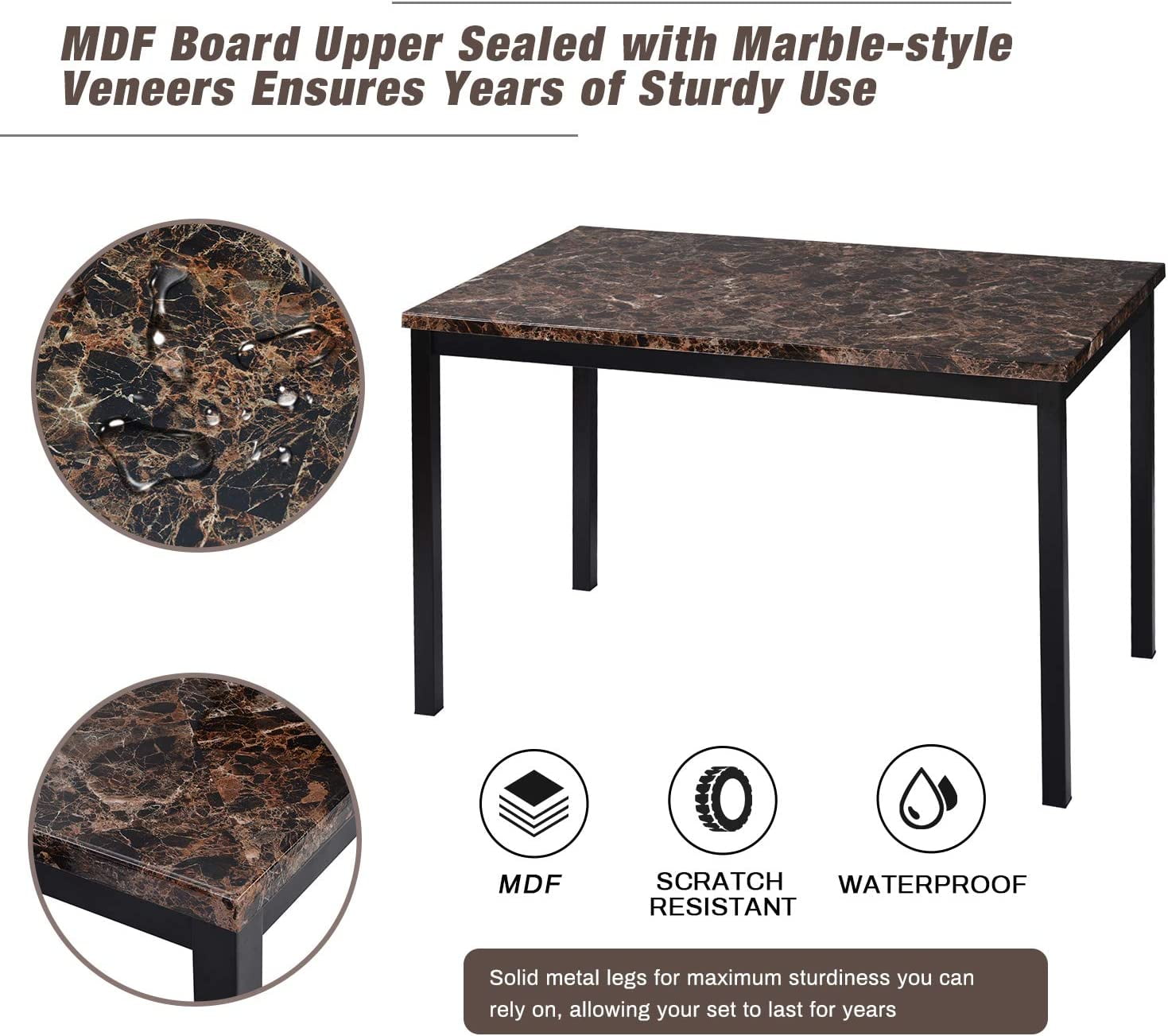 AWQM Modern 5-Piece Dining Table Set, Artificial Marble Dining Table With 4 Chairs in PU leather for Kitchen and Living room, Small Kitchen Table, Kitchen Table Set, Brown