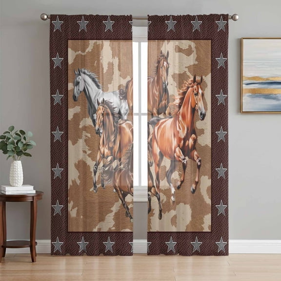 Brown Retro Horse Sheer Curtains 84 Inch Length 2 Panels Set, Vintage Western Stars Country Voile Window Treatment Rod Pocket Curtains Sheers Drapes for Bedroom/Living Room/Kitchen 52"x84"x2