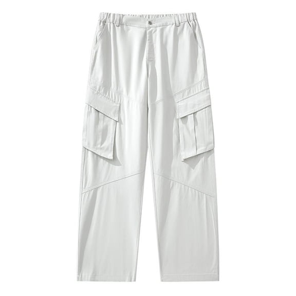 Timoontee Men Straight Wide Waist Cargo Pants Soft Sturdy Twill Fabric Diagonal Seam Stitching Large Thigh Patch Pockets Button Elastic Waist Casual Work Trousers White XXL