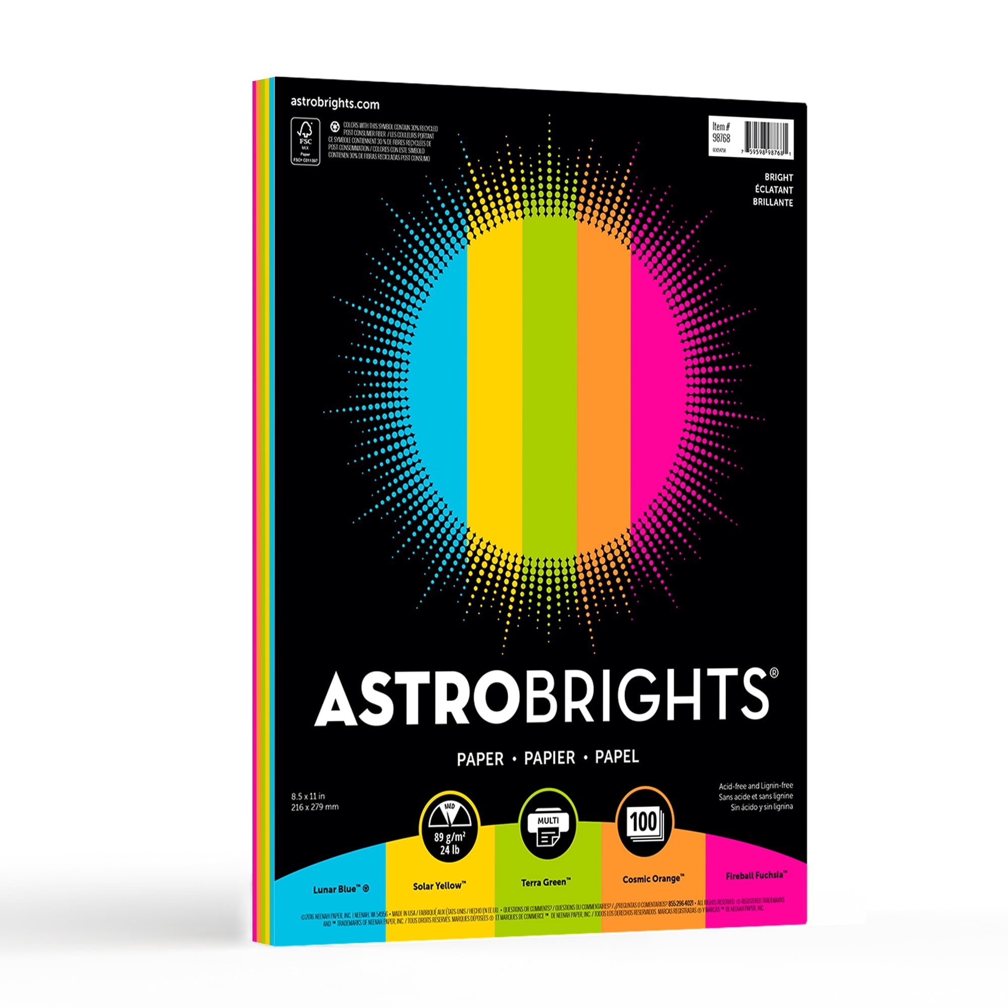 Astrobrights Colored Paper, 8.5" x 11", 24 lb./89 gsm, "Bright" 5Color