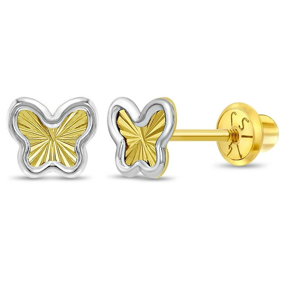 14k Yellow and White Gold Two-tone Butterfly Screw Back Earrings for Young Girls