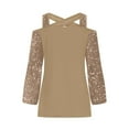thumbnail image 6 of Brilliant Womens Tops under $5 Tops for Women Elegant Sparkly Tee Blouses Cocktail Party Club Tops Cross Necked off Shoulder Lantern Sleeve Patchwork Casual T-Shirt Brown M, 6 of 7