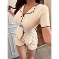 thumbnail image 4 of Women'S Bowknot Pajamas Ribbed Knit Short Sleeve Top and Shorts 2 Piece Pjs Lounge Set Apricot L, 4 of 9