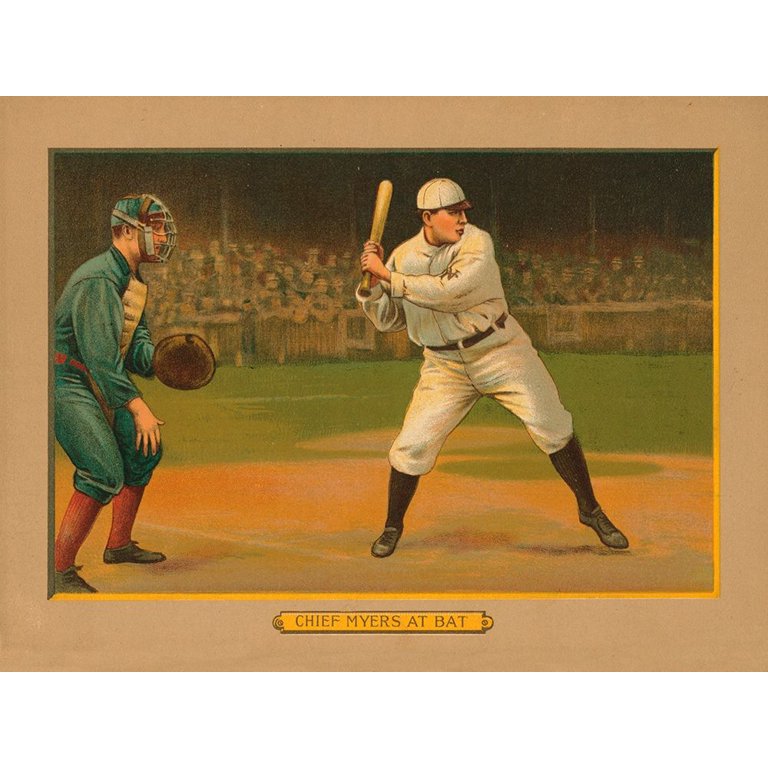 american tobacco company 1911 American Tobacco Company 14x12 Gold Ornate Wood Framed with Double Matting  Museum Art Print Titled - Chief Myers at Bat, Baseball Card, 1911