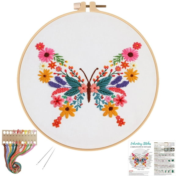 VOCHIC Butterfly Beginners Embroidery Kits,Cross Stitch kit for Adults Starters including Embroidery Cloth with Flower pattern