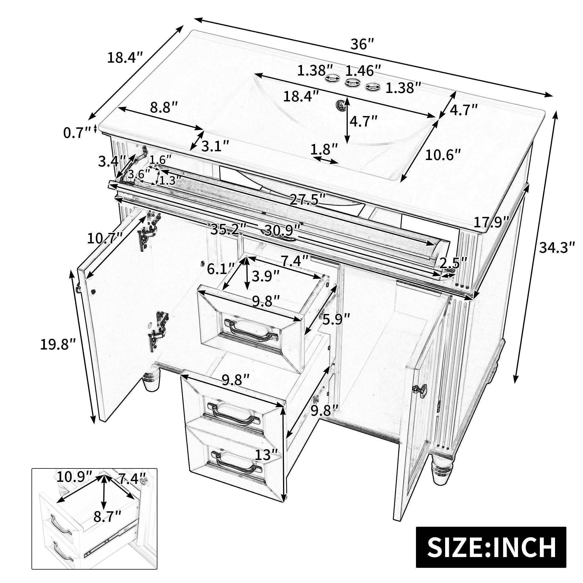 MAYEERTY 36" Bathroom Vanity with Sink White Freestanding Ceramic Basin MDF Solid Wood Flip-Out Drawer Soft Close Doors Golden Handles