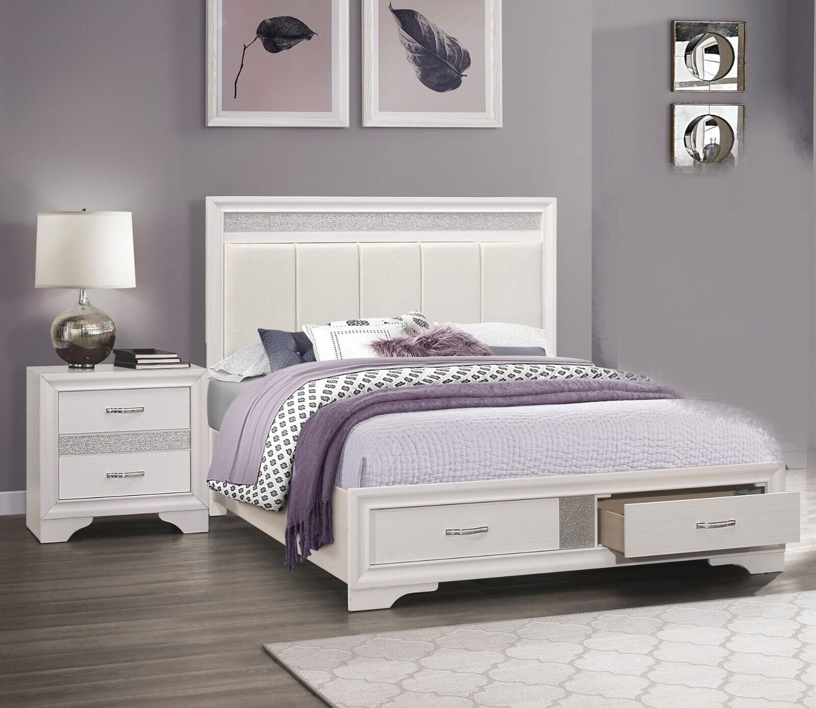 Glamorous Bedroom Set 3pc Eastern King Platform Bed 2x Nightstands