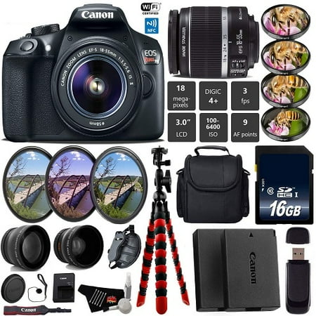Canon EOS Rebel DSLR Camera with 18-55mm is II Lens + UV FLD CPL Filter Kit + 4 PC Macro Kit + Wide Angle & Telephoto Lens + Camera Case + Tripod + Card Reader - Intl Model