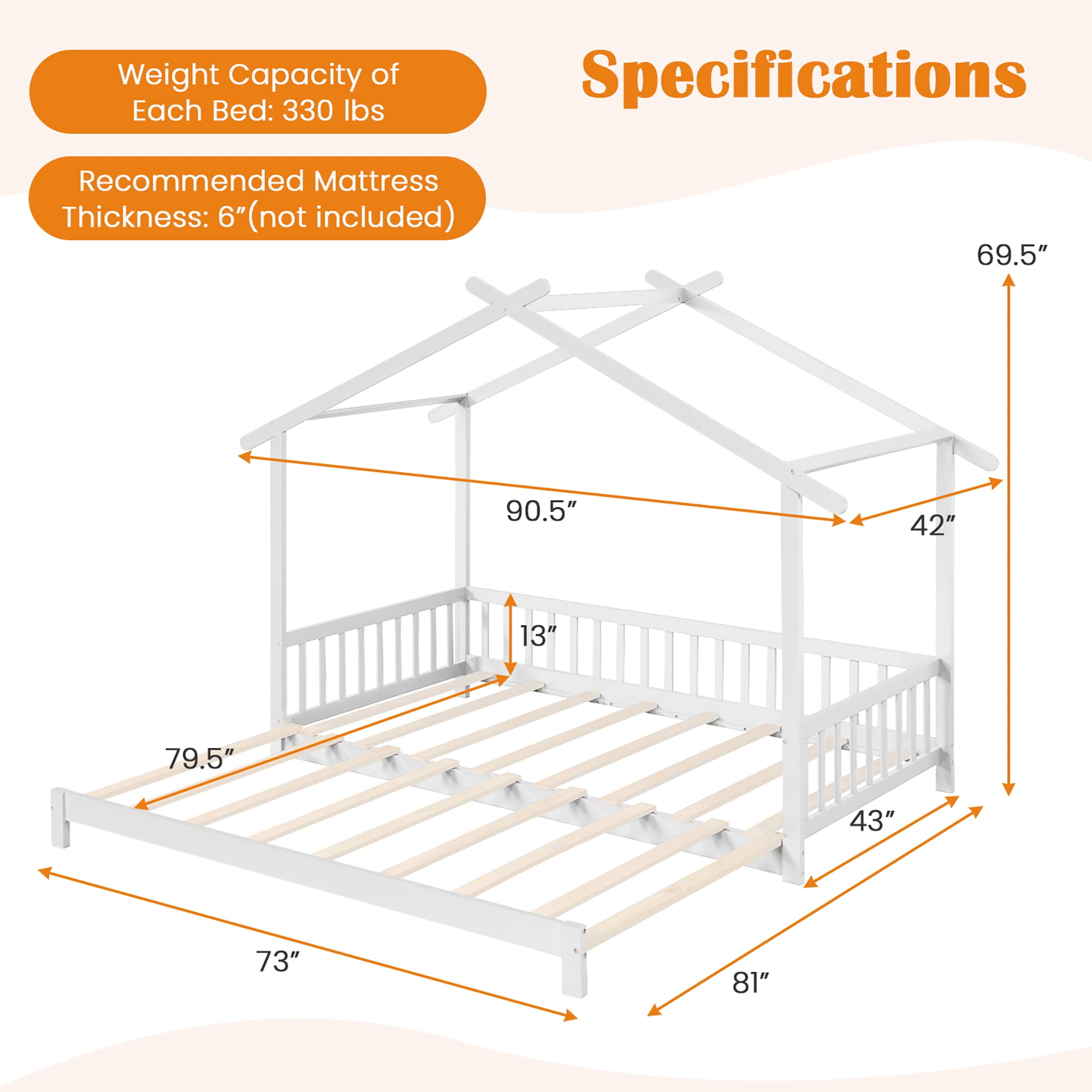 Gymax Wooden House Bed Twin to King Daybed w/ Safety Rails & Decorable Roof White