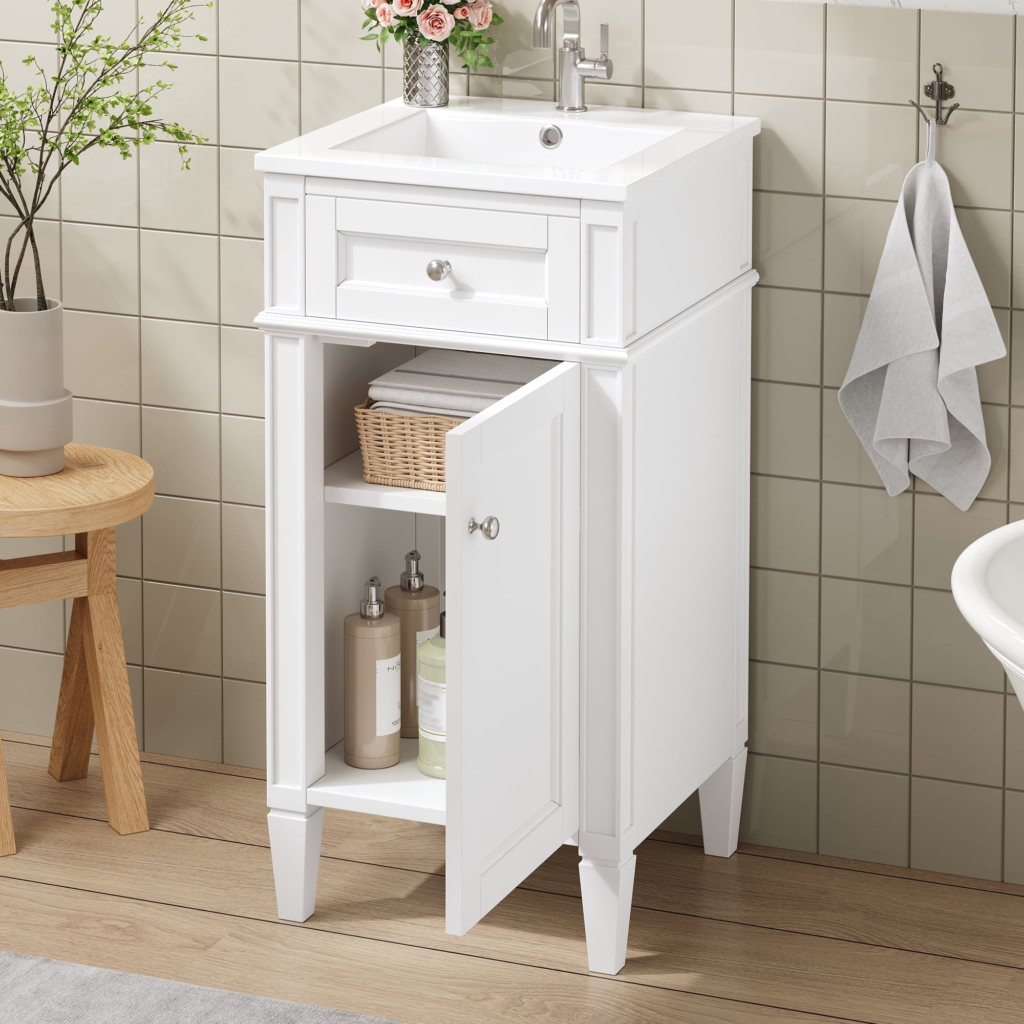 Harper & Bright Designs 16" Free Standing Single Basin Vanity Set, Bathroom Vanity with Sink Combo with Door and Adjustable Shelf, Bathroom Sink Storage Cabinet for Small Space, White