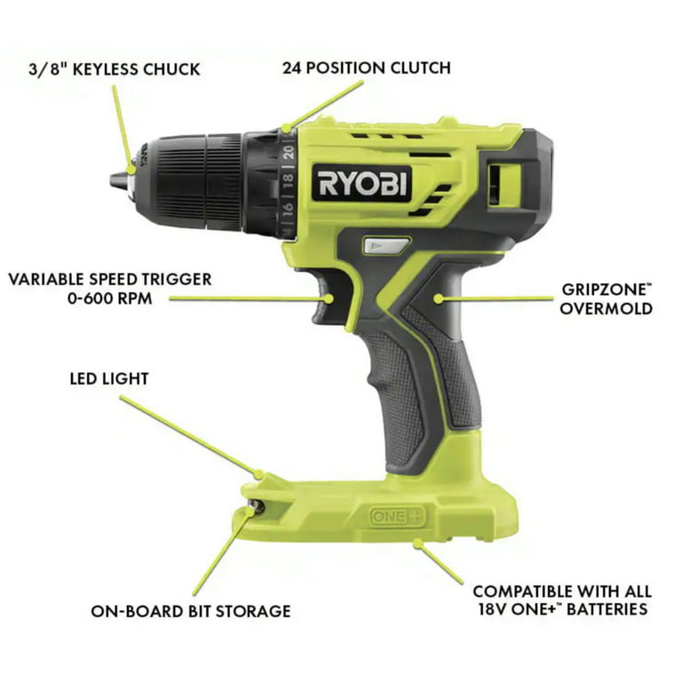 Household Tool Set Bundle with Ryobi Drill, 18-Volt Battery