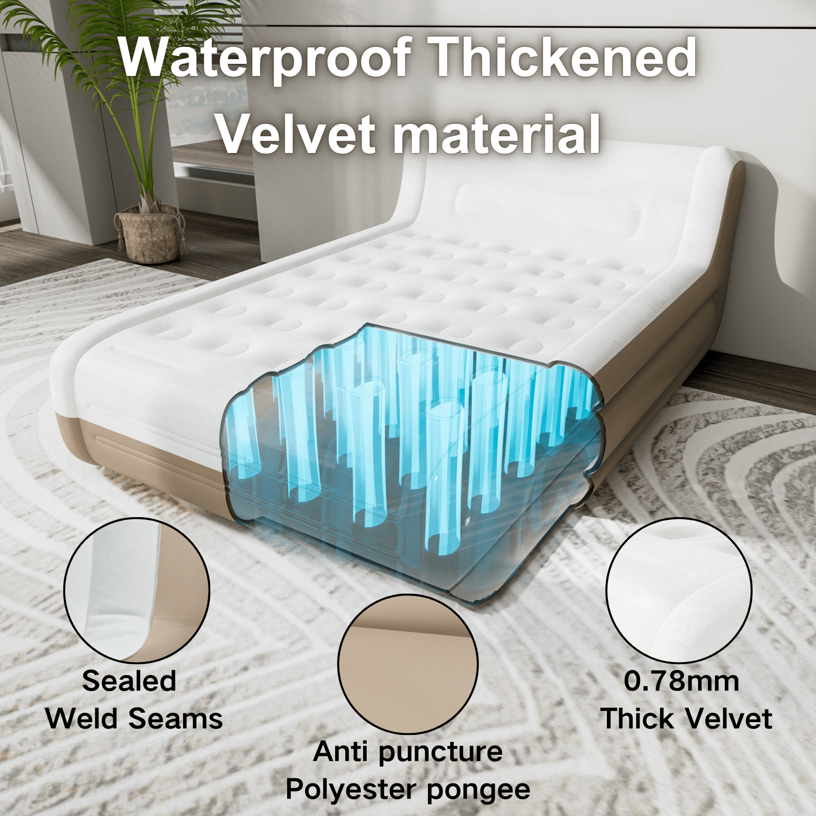 Queen Air Mattress with Headboard,Built in Pump,18”Self Inflating Air Bed for Family Guest Travel Camping,Khaki