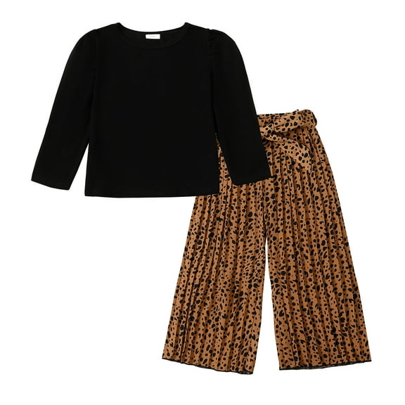 7Y Big Girls Clothes 8Y Girls 2PCS Outfits Set Round Neck Big Girls Long Sleeve Top Leopard Pants Set Black