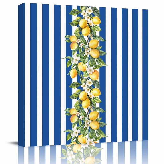 Framed Canvas Wall Art for Living Room Lemon Blue Stripes Wall Decor, Floral Fruit Leaves Aesthetic Paintings for Bedroom Office Kitchen Bathroom, Ready to Hang Artwork Wall Pictures 8x8 Inch