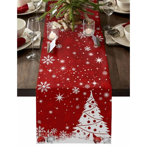 Red Christmas Dresser Scarf Farmhouse, Dining Table Decorations for Wedding/Parties, Snowflake Winter Xmas Tree Ball Table Runner 70 Inches Long for Kitchen Dining, 13 x 70 In