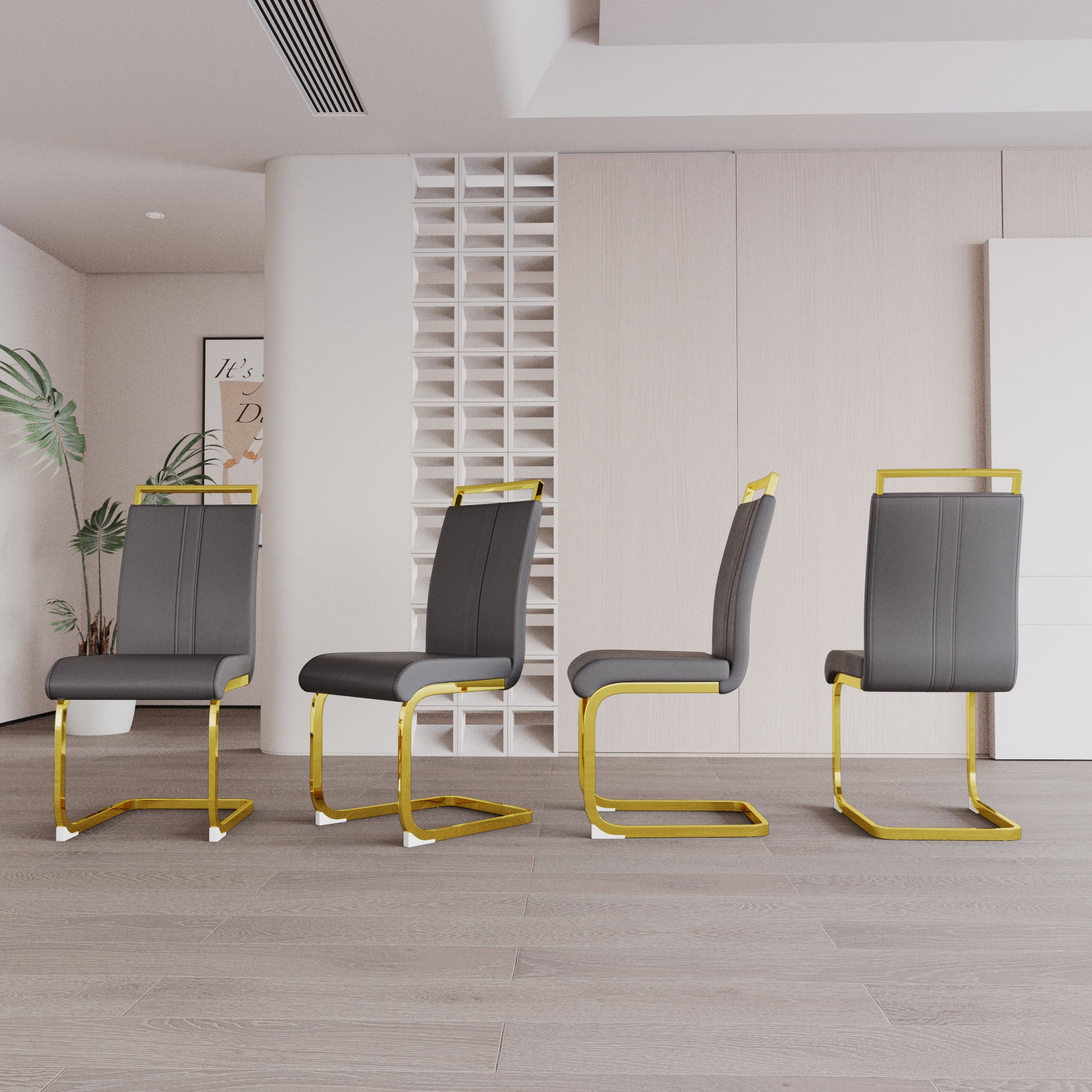 Dining Chairs Set of 4 PU Leather High Back Upholstered Chairs with Gold Metal Legs for Home Kitchen Dining Room Patio, Grey