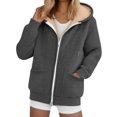 thumbnail image 2 of larppty Women's Fleece Lined Jacket Winter Hoodie Solid Color Long Sleeve Thick Plush Warm Coats with Pockets (Dark Gray, 3XL), 2 of 6