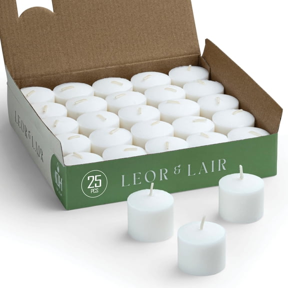 Leor & Lair White Votive Candles, 25 Pack, 10 Hour Unscented White Candles for Home Decor