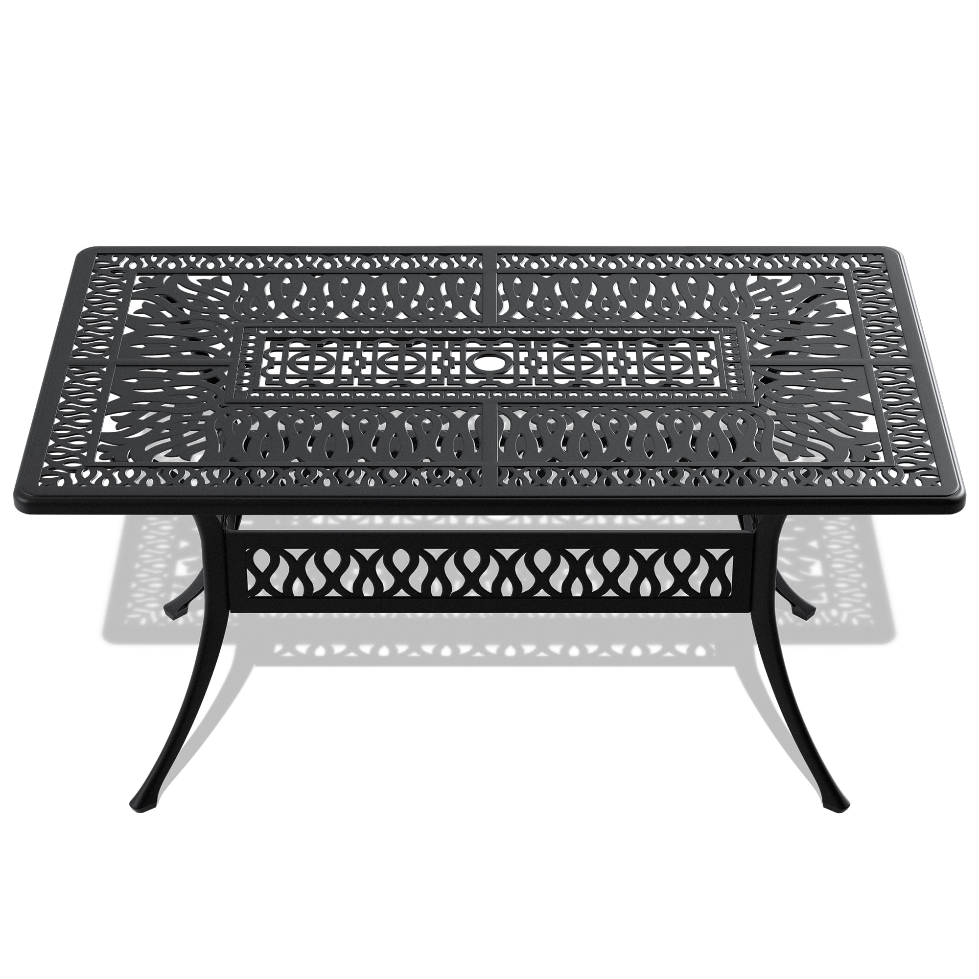 Patio Dining Table With Black Frame and Umbrella Hole, 58.27L * 34.65W inch Cast