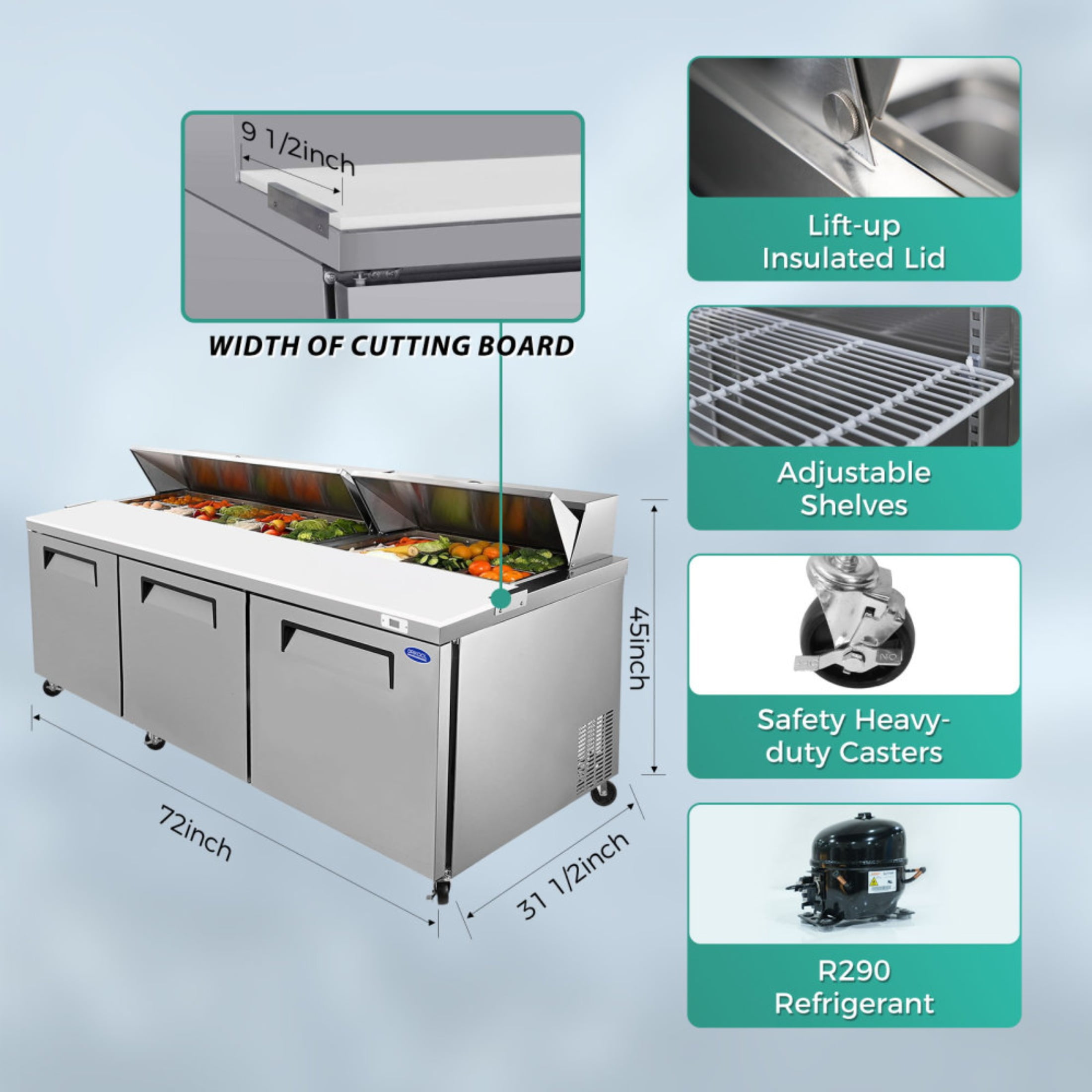 3-4 chefs to work ,72 IN Commercial Refrigerators Sandwich&Salad Prep Table with a Butcher Block Cutting Board, Protection Lid, Cold Storage, ETL Certified(LTL carry)