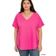 thumbnail image 2 of Zenana Women & Plus V-Neck Heavy Dobby Boat Neck Rolled Short Sleeve Blouse Top, 2 of 3