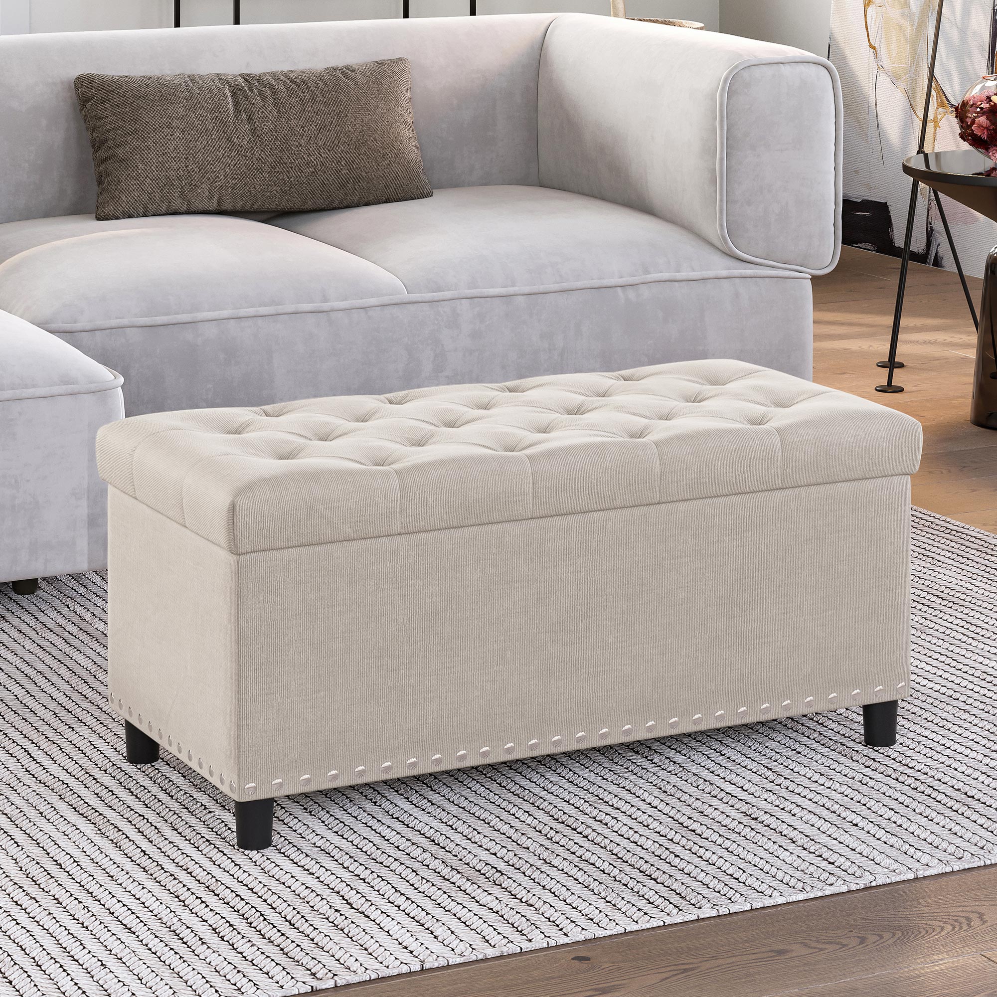 Belleze 35 Inch Button-Tufted Storage Ottoman, Beige photo 6