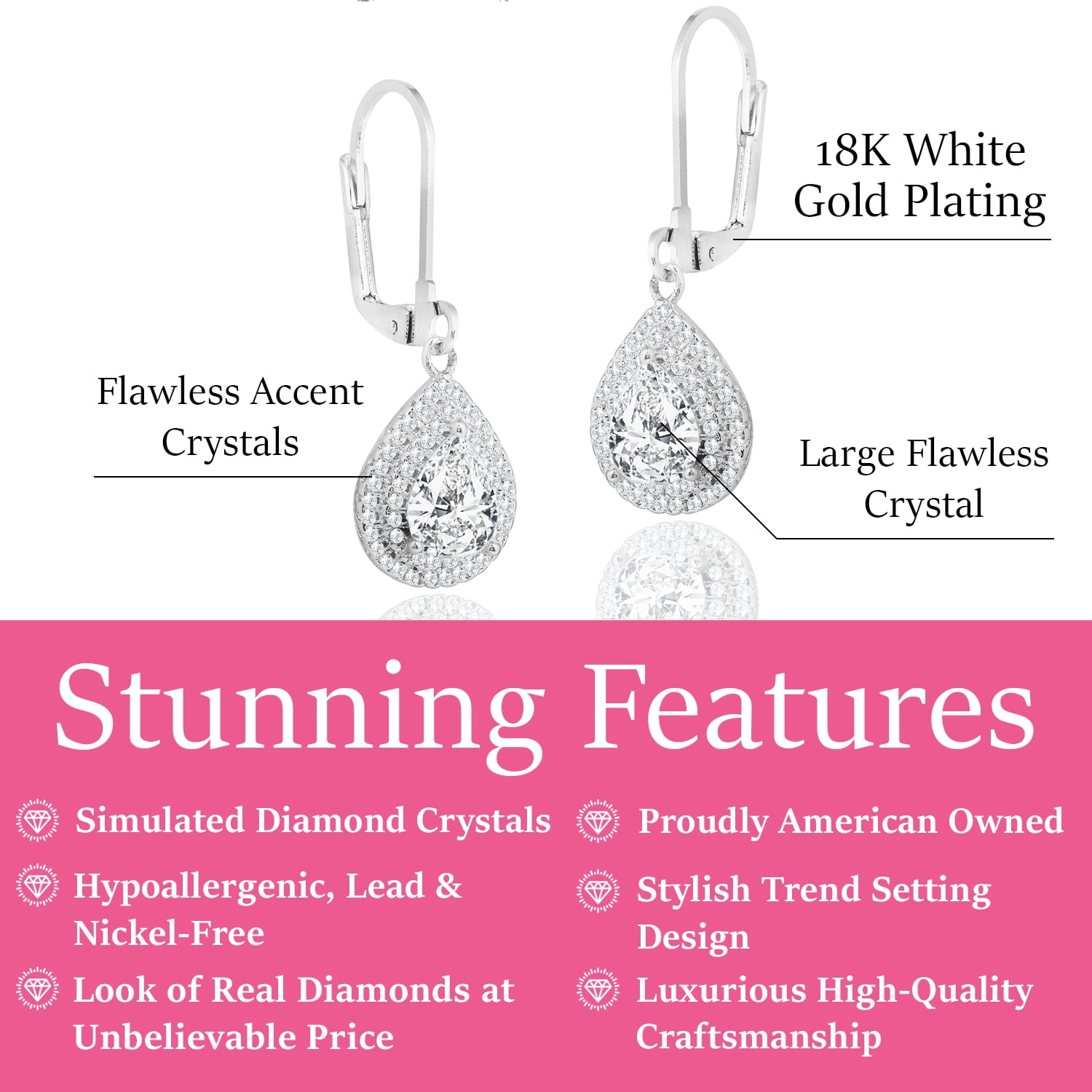 Cate & Chloe Aurelia 18k White Gold Plated Tear Drop Earrings with Simulated Diamonds for Women