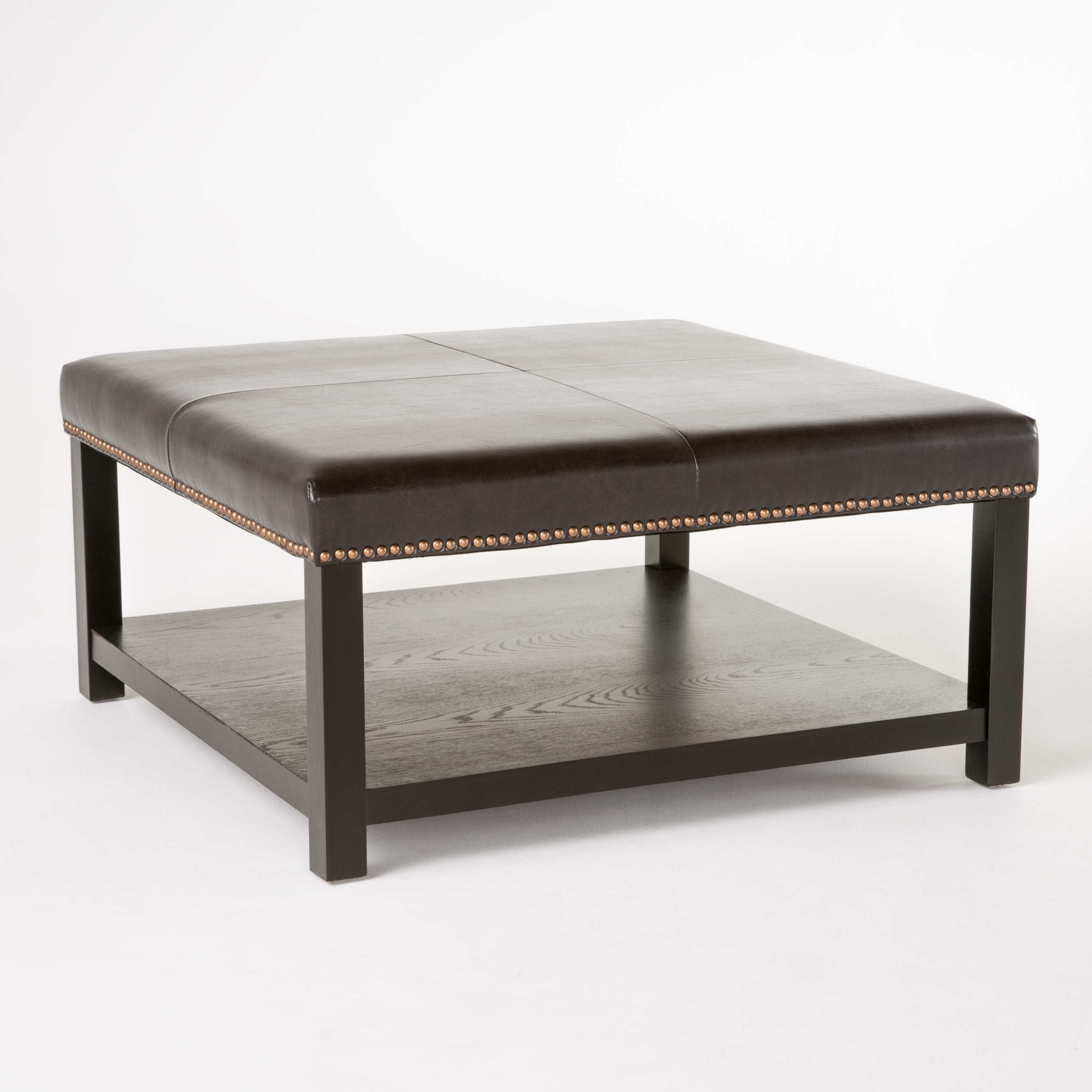 Noble House Edwin Contemporary Upholstered Birch Wood Ottoman with Shelf, Brown and Dark Brown