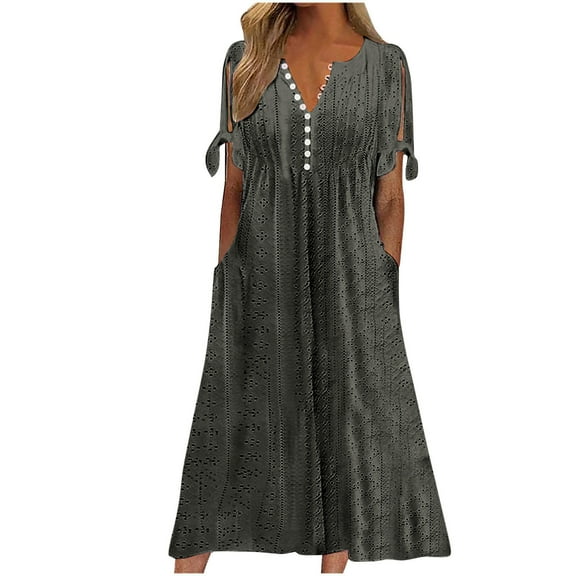 LLYwey Midi Dresses for Women 2025 Trendy Button up V-Neck Short Sleeve Eyelet Tshirt Dresses Hollow Out Lace Casual Summer Beach Vacation Sundress with Pockets, I-31, Dark Gray, S