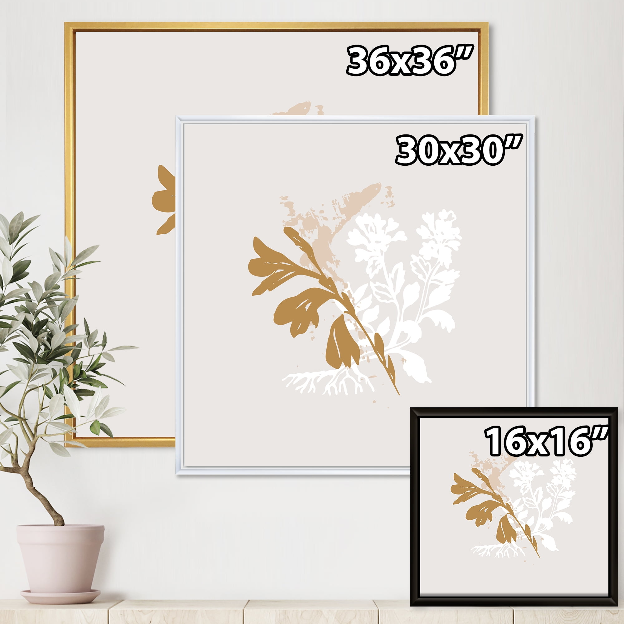 Designart 'Minimal Botanical Design In White and Brown' Traditional Framed Canvas Wall Art Print