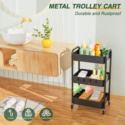 3 Tier Rolling Storage Cart, Metal Trolley Utility Cart with Wheels & Hooks, Easy Assembly Organizer Storage Cart for Bathroom Kitchen Office Bedroom Black