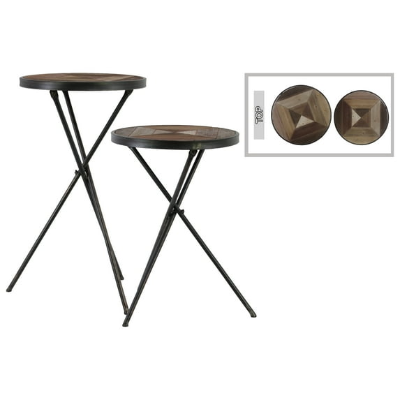 Metal Round Accent Table with Wood Parquet Design Top Set of Two Coated Finish Black