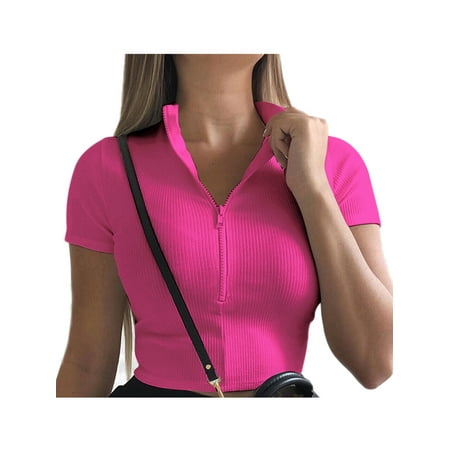

Women Retro Slim Fit Zipper T-shirt Female Bustier Corset Tops High Neck Women Croped Tops Tee Solid Shirt