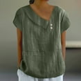 thumbnail image 2 of Aboser Asymmetrical Shirts for Women Trendy Cotton Linen Tops Dressy Casual Short Sleeve T Shirt Solid Color Beach Blouse Breathable Cozy Tunic Top Army Green S, 2 of 7