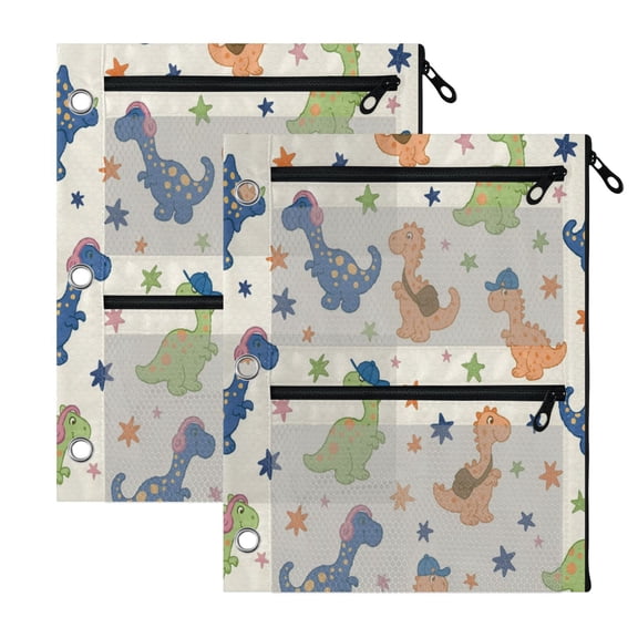 2 Pack 3-Ring Binder Pencil Pouch with Clear PVC Windows Animated Dinosaur Large Capacity Stationery Bag for Classroom Office Supplies