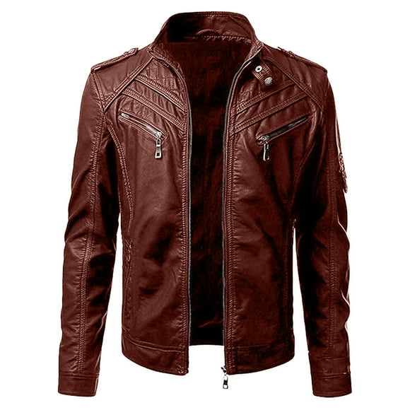 EGNMCR Jackets for Men Winter Men's Casual Stand Collar Motorcycle Leather Jacket Coat