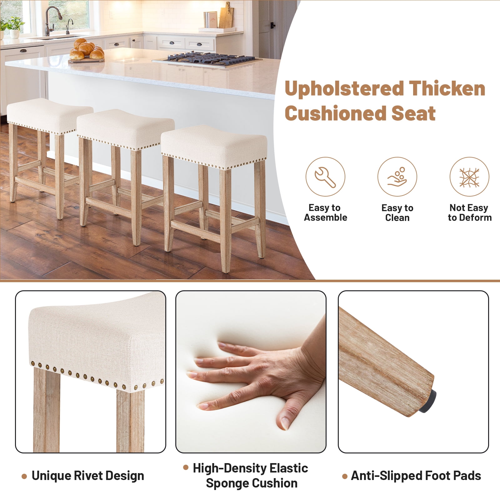 Furniliving 26" Modern Backless Saddle Seat Barstools, Kitchen Counter Bar Stool,Set of 2, Beige