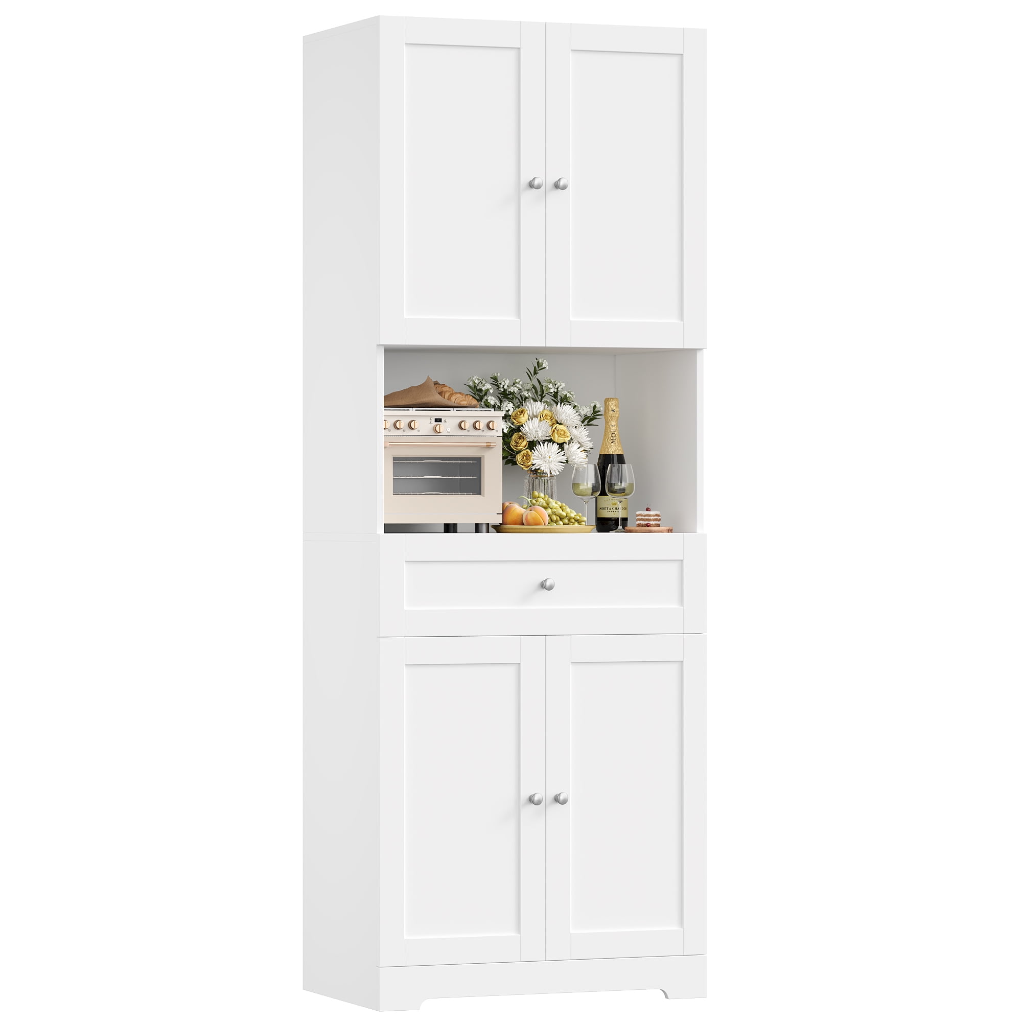 Homfa 67.5'' Tall Kitchen Pantry with Microwave Shelf, Large Storage Drawer Wood Pantry Storage Cabinet for Dining Room Living Room, White