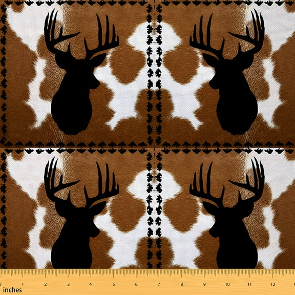jejeloiu Wild Deer Silhouette Fabric by the Yard 1 Yard,Cow Hide Print Home Decor Fabric by the Yard,Brown Cattle Hide Sewing Fabric For Adults,Microfiber Bedroom Decor