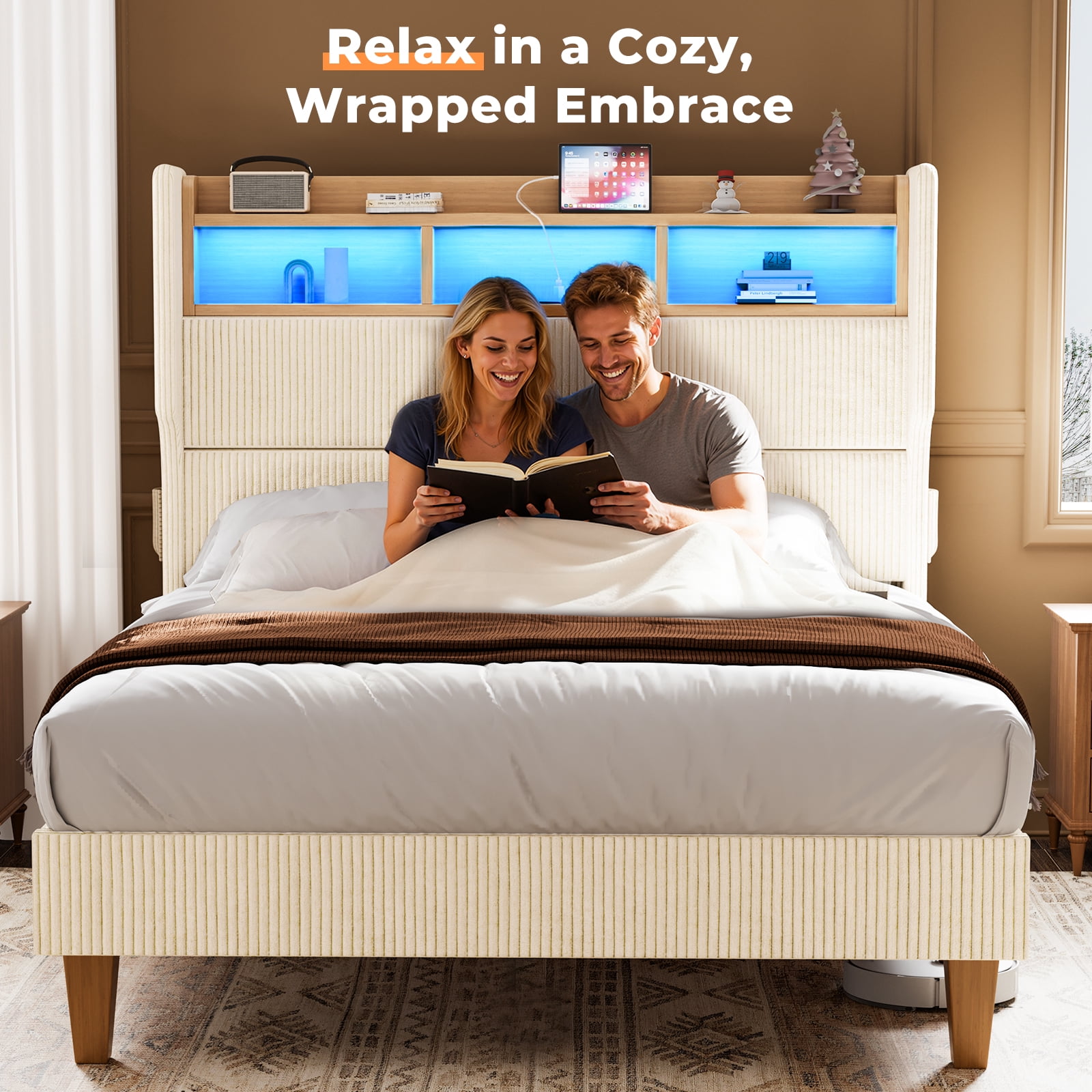 Bed Frame Queen Size with 51" Tall Headboard, LED Lights and Charging Station, Corduroy Upholstered Bed Frame Queen with Storage Shelf, No Box Spring Needed, Beige