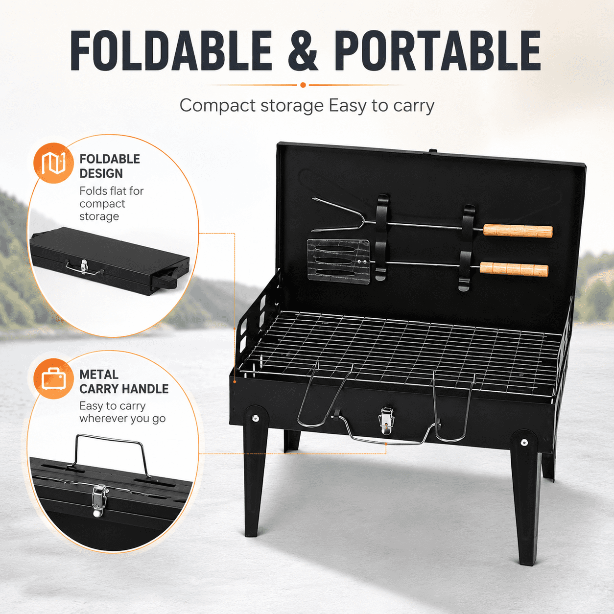 Alvantor Portable Square Charcoal Grill with Lid and Foldable Legs Black 17.3 x 10.6 in