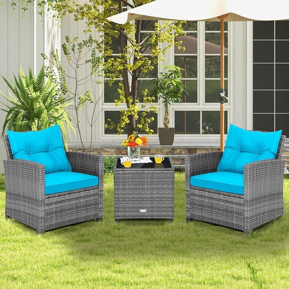 3-Piece Outdoor Patio Furniture Set Wicker Chairs Turquoise Cushion Glass