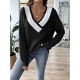 thumbnail image 5 of Womens Sweaters Long Sleeve - Knit Pullover Tops Contrast Color Stitching V-Neck Pullover Sweater Black L, 5 of 7
