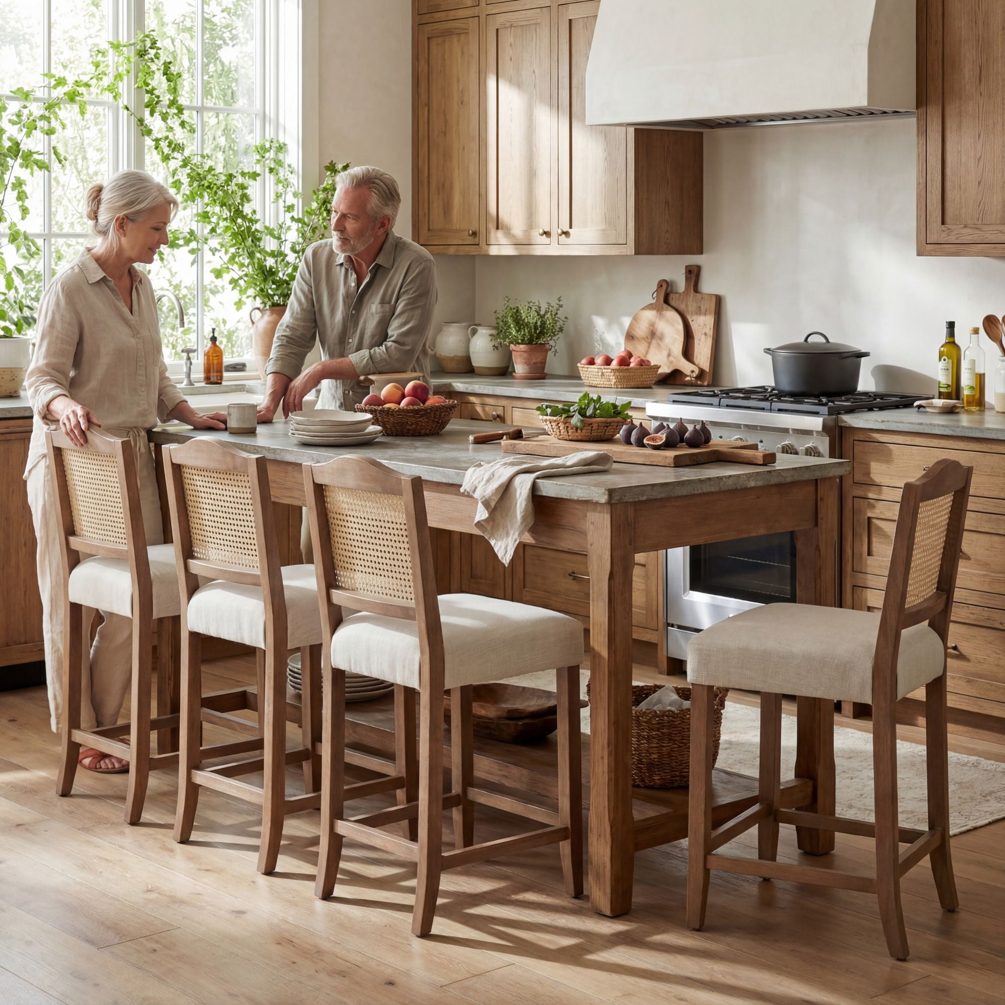 Dayalane Counter Height Bar Stools Set of 2, 26" Farmhouse Wooden Barstools with Rattan Back, Mid Century Modern Linen Upholstered Breakfast Bar Stool Chairs for Bar Kitchen Island Bistro, Beige