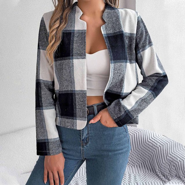 Abrigo informal de manga larga sin capucha y chaquetas para mujer, abrigo informal de invierno a cuadros de manga larga, abrigo/chaqueta informal de manga larga sin capucha, blusa para mujer