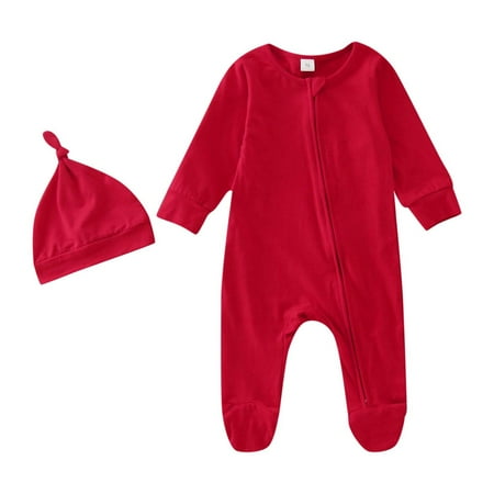 

Baby Zipper Onesie Zipper Sleepers Crawlsuit+Hat Bodysuit Solid Color. Red 70
