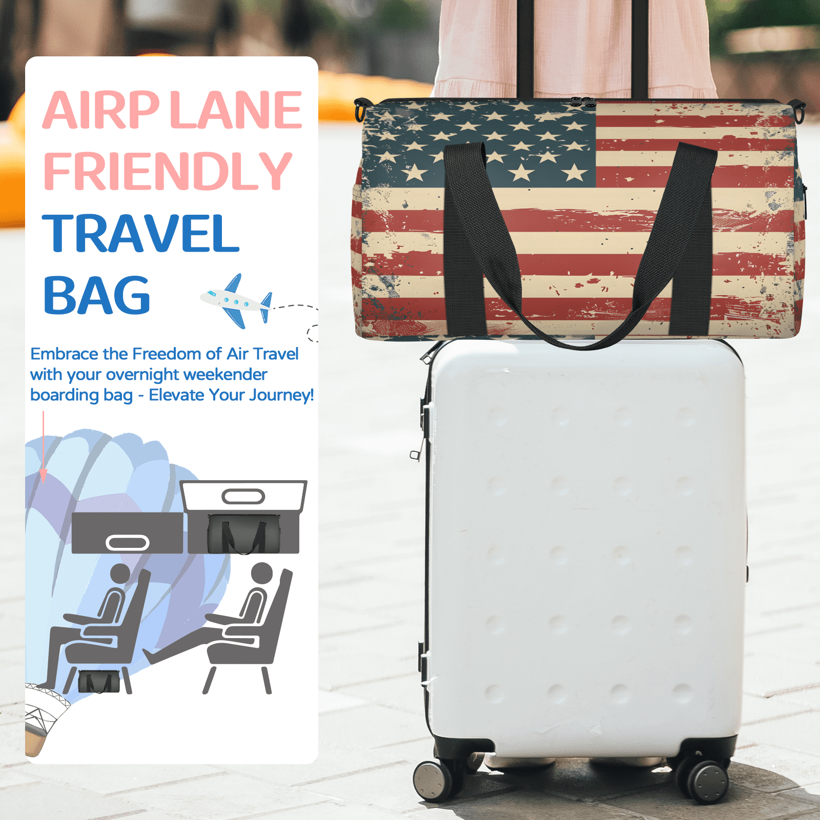 Herdesigns Vintage American Flag Travel Duffle Bag Sports Yoga Weekender Overnight Carry on Workout Bags Lightweight Waterproof Gym Tote Bag for Women 4th of July